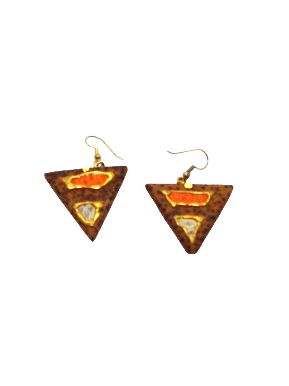 Leather triangle earrings brown w/ orange ivory gold